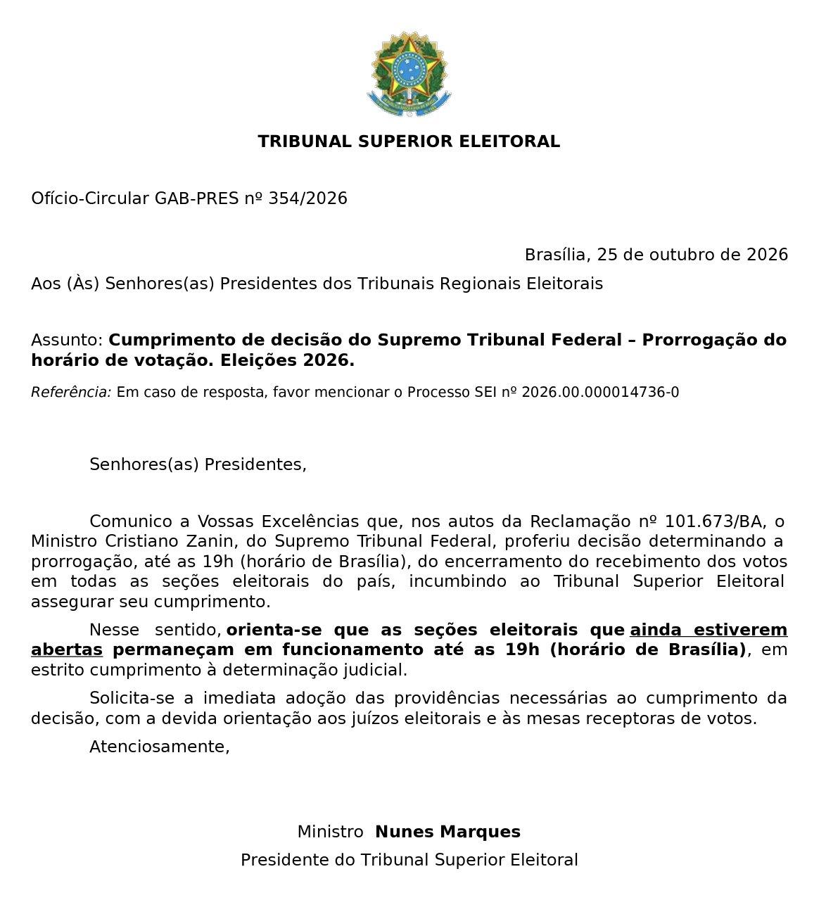 TSE orienta seções ainda abertas a manter votação até as 19h